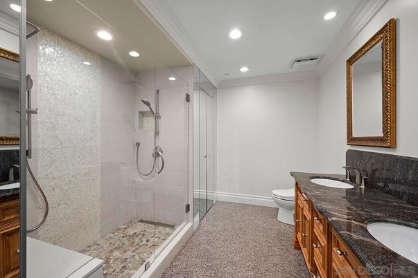 Bathroom, Dual Sink Vanities, Glass Shower, Interior, Recessed Lighting