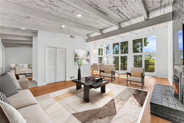 Fireplace, Interior, Living room, Pendant Lights, Recessed Lighting, Wood Texture Flooring