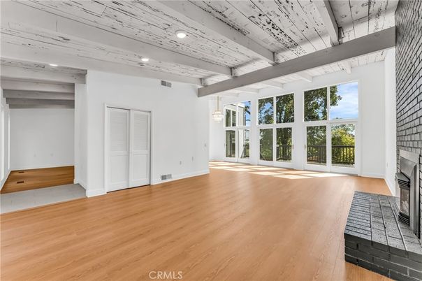 Empty room, Fireplace, Interior, Pendant Lights, Recessed Lighting, Wood Texture Flooring