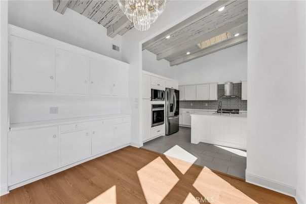 Chandelier, Interior, Kitchen, Recessed Lighting, Stainless Steel Appliances, Wood Texture Flooring