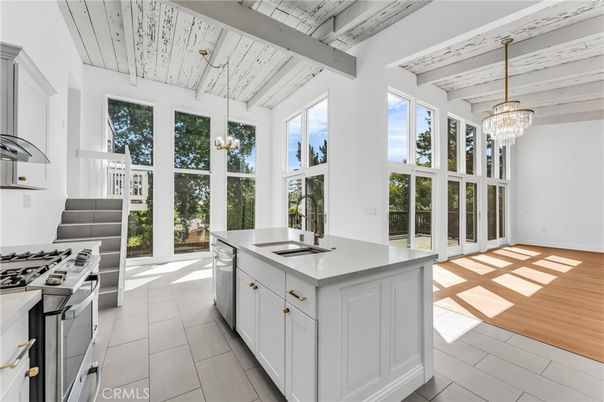 Chandelier, Interior, Kitchen, Stainless Steel Appliances, Wood Texture Flooring