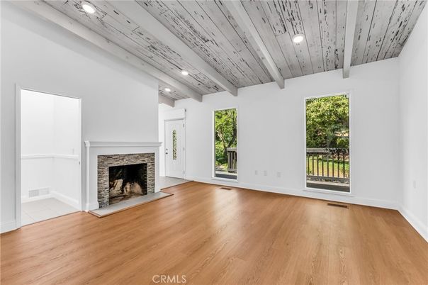 Empty room, Fireplace, Interior, Recessed Lighting, Wooden Ceilings, Wood Texture Flooring