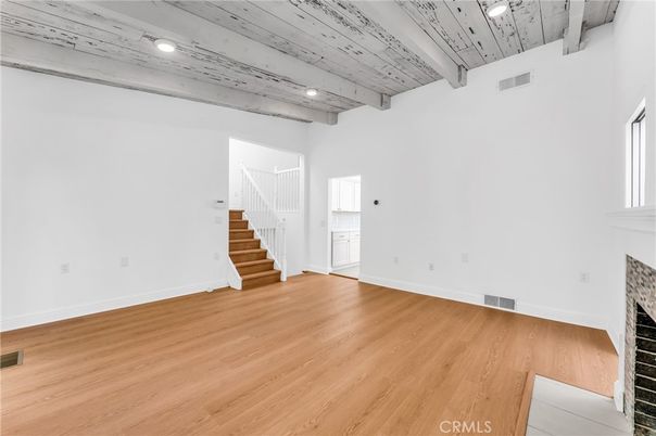 Empty room, Fireplace, Interior, Recessed Lighting, Wooden Ceilings, Wood Texture Flooring