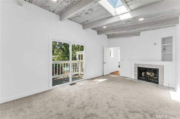 Empty room, Fireplace, Interior, Recessed Lighting, Wooden Beams, Wooden Ceilings
