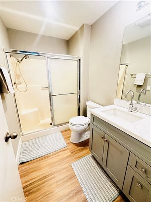 Bathroom, Glass Shower, Interior, Wood Texture Flooring