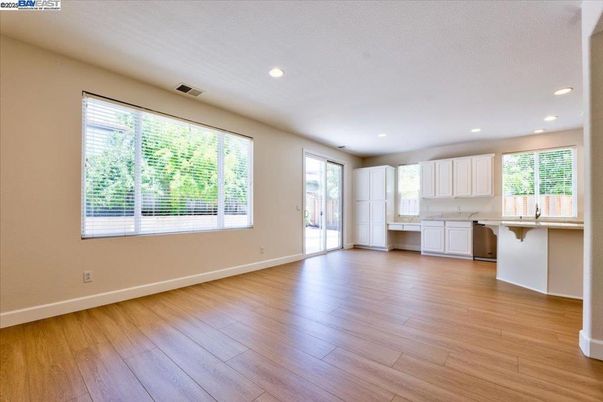 Empty room, Interior, Kitchen, Recessed Lighting, Wood Texture Flooring