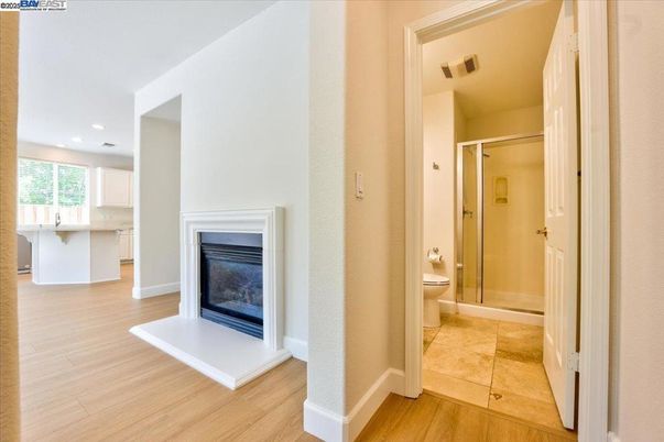 Bathroom, Fireplace, Interior, Recessed Lighting, Wood Texture Flooring