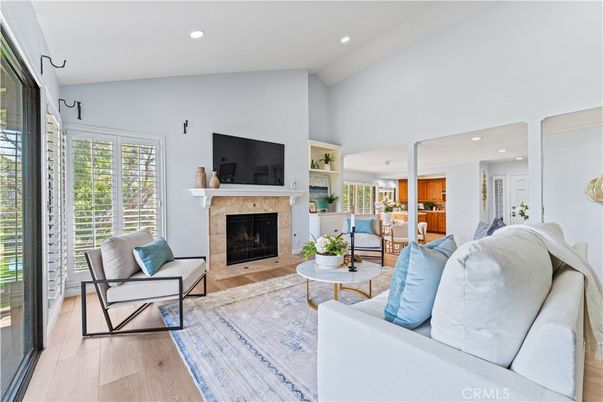 Fireplace, Interior, Living room, Recessed Lighting, Wood Texture Flooring