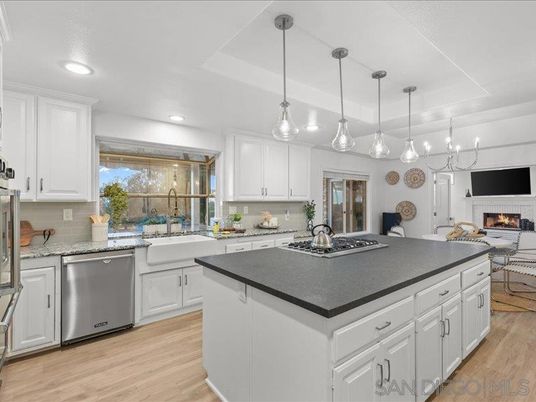 Fireplace, Interior, Kitchen, Pendant Lights, Recessed Lighting, Wood Texture Flooring