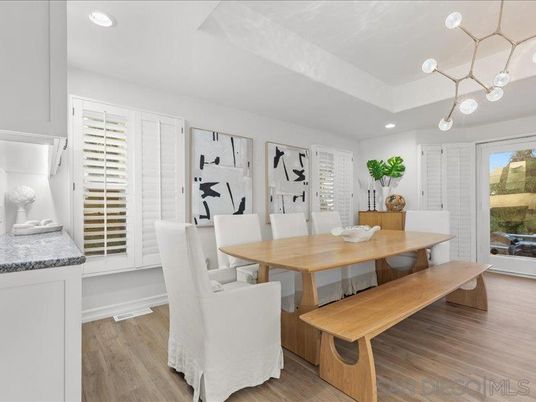 Dining room, Interior, Pendant Lights, Recessed Lighting, Wood Texture Flooring