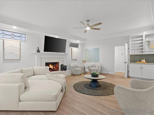Fireplace, Interior, Living room, Recessed Lighting, Wood Texture Flooring