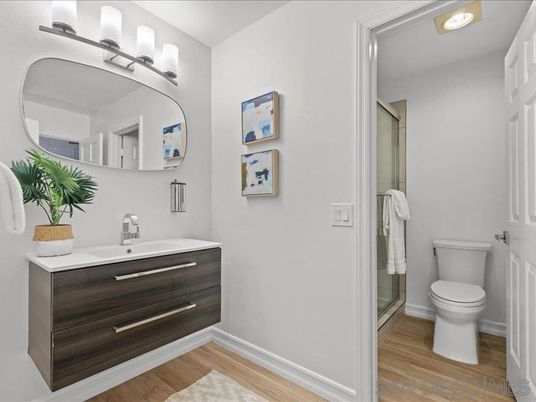 Bathroom, Glass Shower, Interior, Wood Texture Flooring