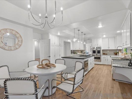 Chandelier, Interior, Kitchen, Pendant Lights, Recessed Lighting, Stainless Steel Appliances, Wood Texture Flooring