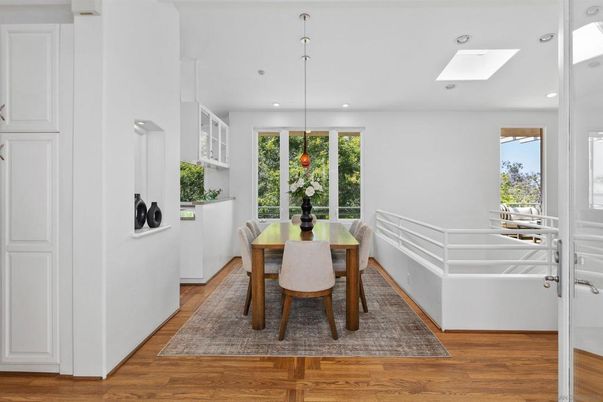 Dining room, Interior, Pendant Lights, Recessed Lighting, Wood Texture Flooring