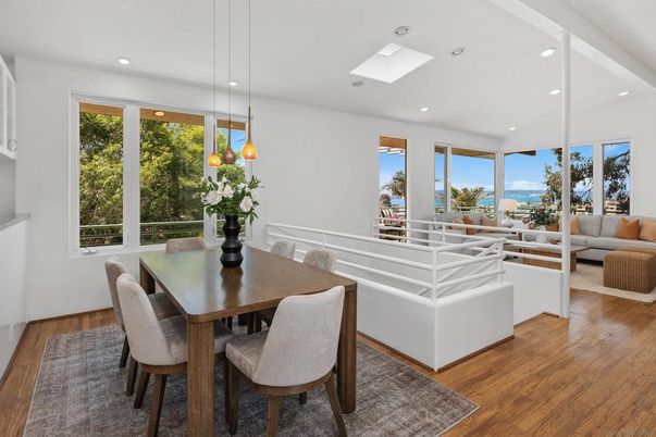 Dining room, Interior, Living room, Pendant Lights, Recessed Lighting, Water, Wood Texture Flooring
