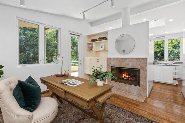 Fireplace, Home Office, Interior, Recessed Lighting, Wood Texture Flooring