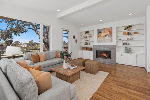 Fireplace, Interior, Living room, Recessed Lighting, Wood Texture Flooring
