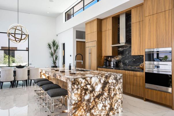 Dining room, Interior, Kitchen, Marble, Pendant Lights, Recessed Lighting, Stainless Steel Appliances