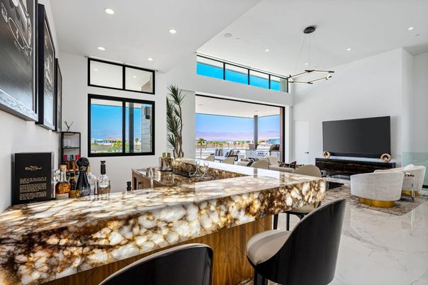 Dining room, Interior, Living room, Marble, Pendant Lights, Recessed Lighting, Water