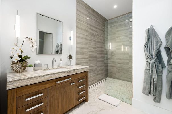 Bathroom, Dual Sink Vanities, Glass Shower, Interior, Marble, Recessed Lighting