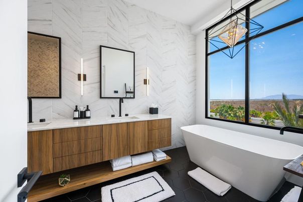 Bathroom, Dual Sink Vanities, Free Standing Baths, Interior, Marble Walls, Pendant Lights