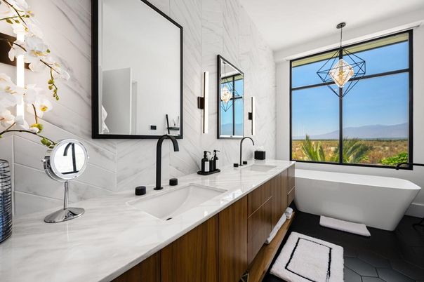 Bathroom, Dual Sink Vanities, Free Standing Baths, Interior, Marble Walls, Pendant Lights
