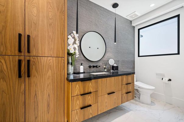 Bathroom, Dual Sink Vanities, Interior, Marble, Pendant Lights, Recessed Lighting