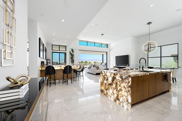 Dining room, Interior, Kitchen, Living room, Marble, Pendant Lights, Recessed Lighting