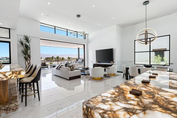 Dining room, Interior, Living room, Marble, Pendant Lights, Recessed Lighting, Water