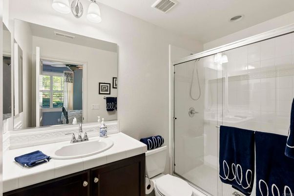 Bathroom, Glass Shower, Interior, Recessed Lighting, Tile Countertops
