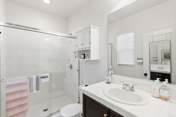 Bathroom, Glass Shower, Interior, Recessed Lighting, Tile Countertops