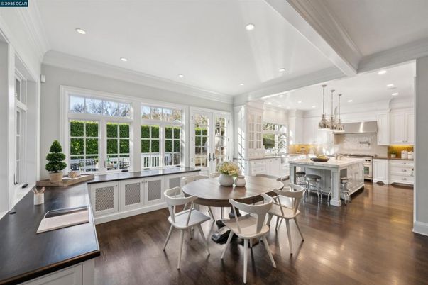 Dining room, Interior, Kitchen, Pendant Lights, Recessed Lighting, Wood Texture Flooring
