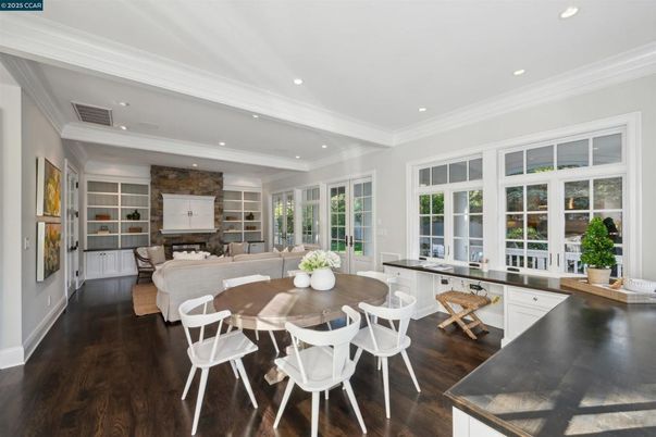 Dining room, Interior, Living room, Recessed Lighting, Stone Walls, Wood Texture Flooring