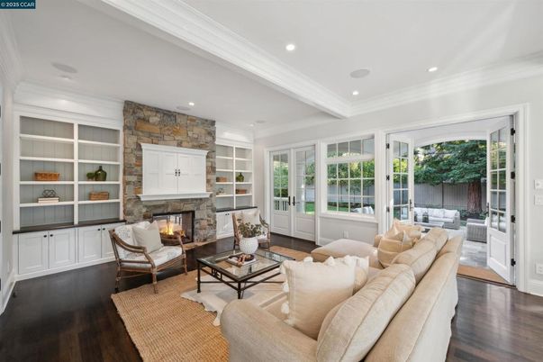 Fireplace, Interior, Living room, Recessed Lighting, Stone Walls, Wood Texture Flooring