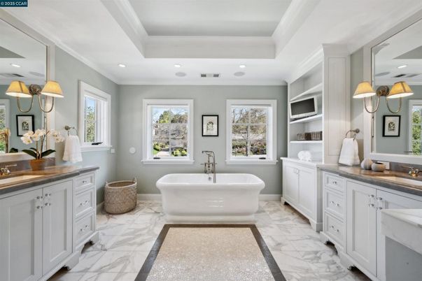 Bathroom, Dual Sink Vanities, Free Standing Baths, Interior, Marble, Recessed Lighting