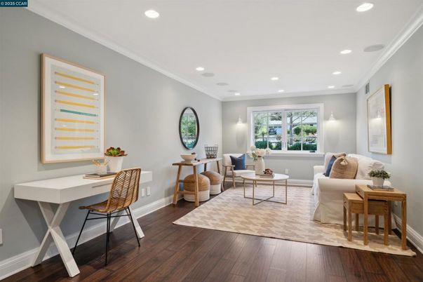 Home Office, Interior, Living room, Recessed Lighting, Wood Texture Flooring