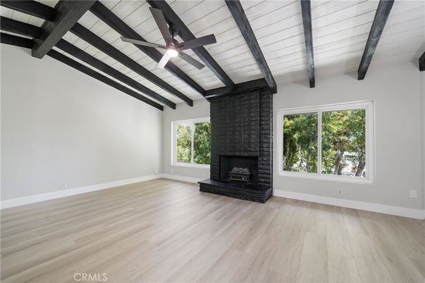 Empty room, Fireplace, Interior, Wooden Beams, Wood Texture Flooring