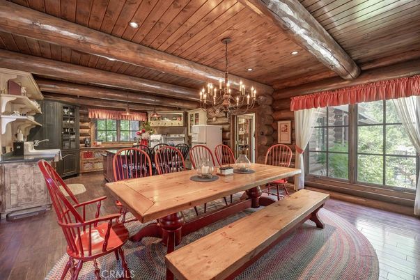 Chandelier, Dining room, Interior, Recessed Lighting, Wooden Beams, Wooden Ceilings, Wood Texture Flooring, Wooden Walls