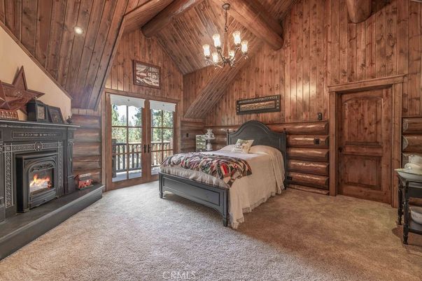 Bedroom, Chandelier, Fireplace, Interior, Recessed Lighting, Wooden Beams, Wooden Ceilings, Wooden Walls