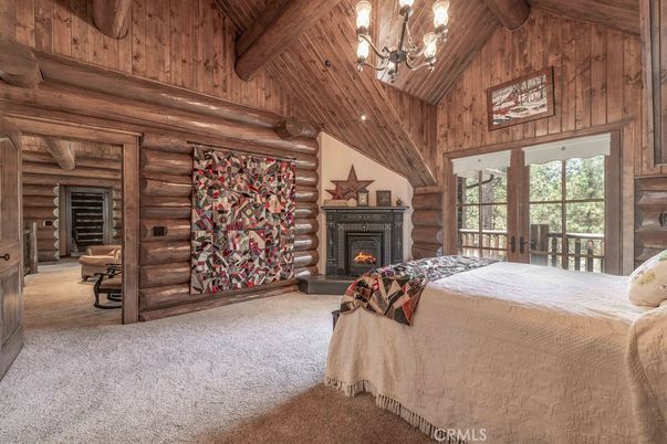 Bedroom, Chandelier, Fireplace, Interior, Recessed Lighting, Wooden Beams, Wooden Ceilings, Wooden Walls