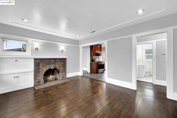 Empty room, Fireplace, Interior, Recessed Lighting, Wood Texture Flooring