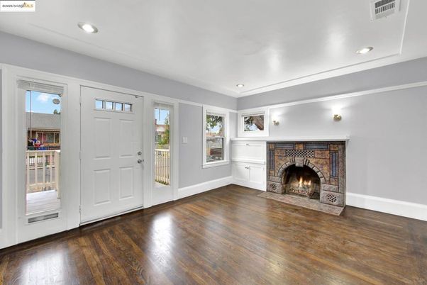 Empty room, Fireplace, Interior, Recessed Lighting, Wood Texture Flooring
