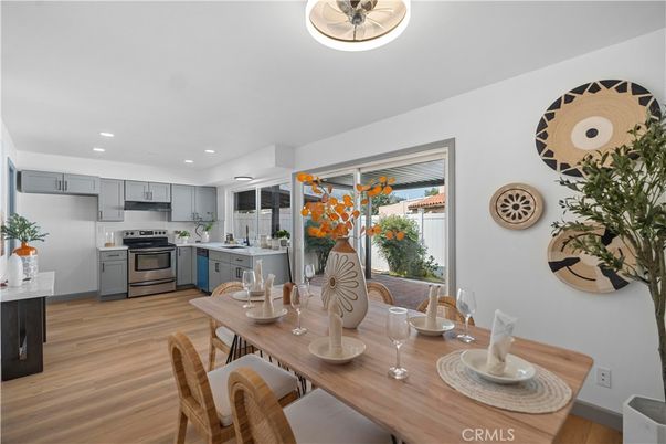 Dining room, Interior, Kitchen, Recessed Lighting, Stainless Steel Appliances, Wood Texture Flooring
