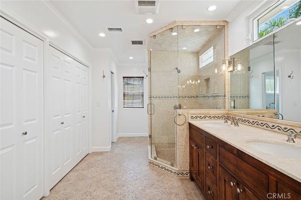 Bathroom, Dual Sink Vanities, Glass Shower, Interior, Recessed Lighting