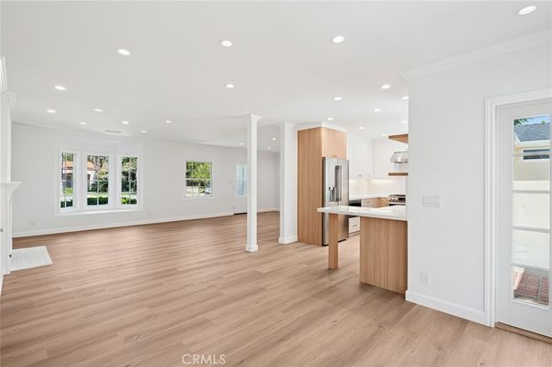 Empty room, Interior, Kitchen, Recessed Lighting, Wood Texture Flooring