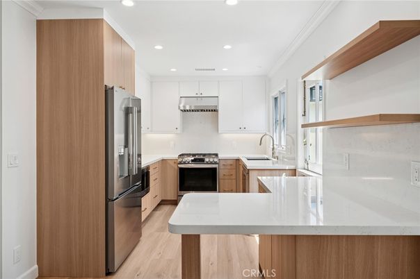 Interior, Kitchen, Recessed Lighting, Stainless Steel Appliances, Wood Texture Flooring