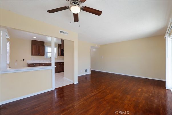 Empty room, Interior, Kitchen, Recessed Lighting, Wood Texture Flooring