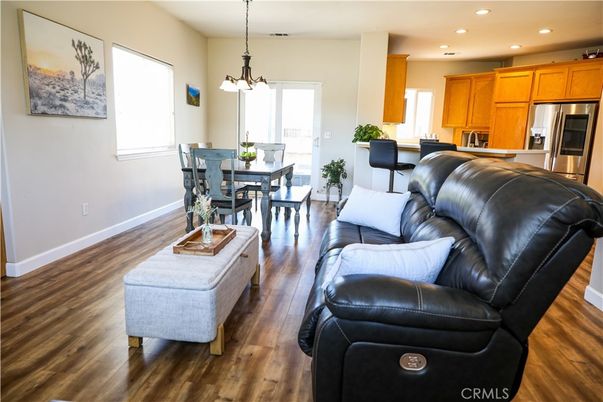 Dining room, Interior, Kitchen, Living room, Pendant Lights, Recessed Lighting, Stainless Steel Appliances, Wood Texture Flooring