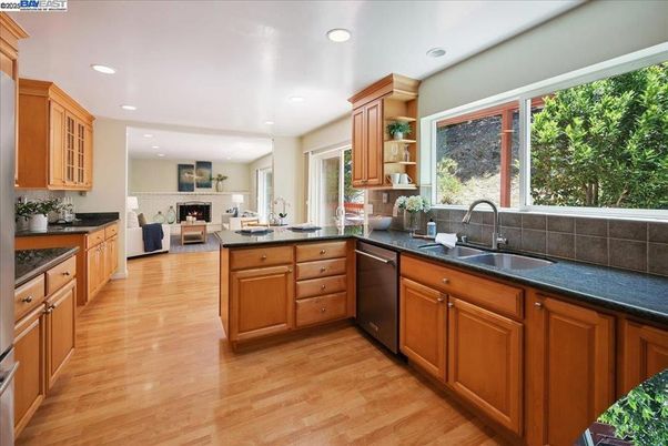 Fireplace, Interior, Kitchen, Living room, Recessed Lighting, Wood Texture Flooring