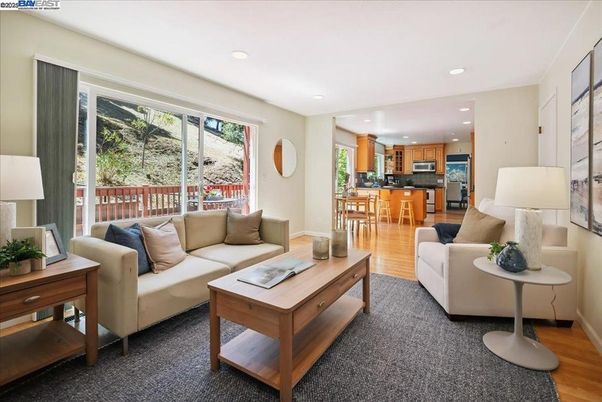 Dining room, Interior, Kitchen, Living room, Recessed Lighting, Stainless Steel Appliances, Wood Texture Flooring